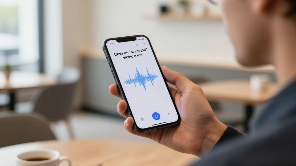 Persona che utilizza la ricerca vocale su smartphone per trovare professionisti locali