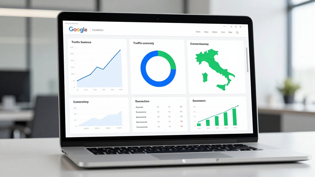 Dashboard analytics che mostra la crescita di traffico e conversioni per sito professionale